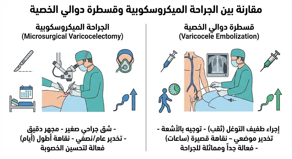 عملية دوالي الخصية بالميكروسكوب وقسطرة دوالي الخصية